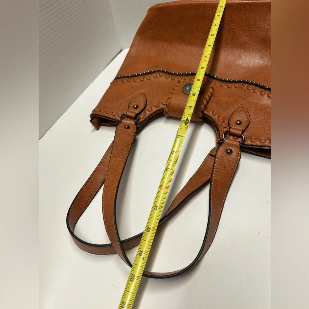 Sam & HadleyWestern Cognac Faux Leather Shoulder Bag Turquoise Whipstitch Tote